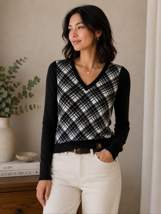 Carhartt Sweaters - Carhartt | Black & White Plaid V-Neck Sweater, Size XS